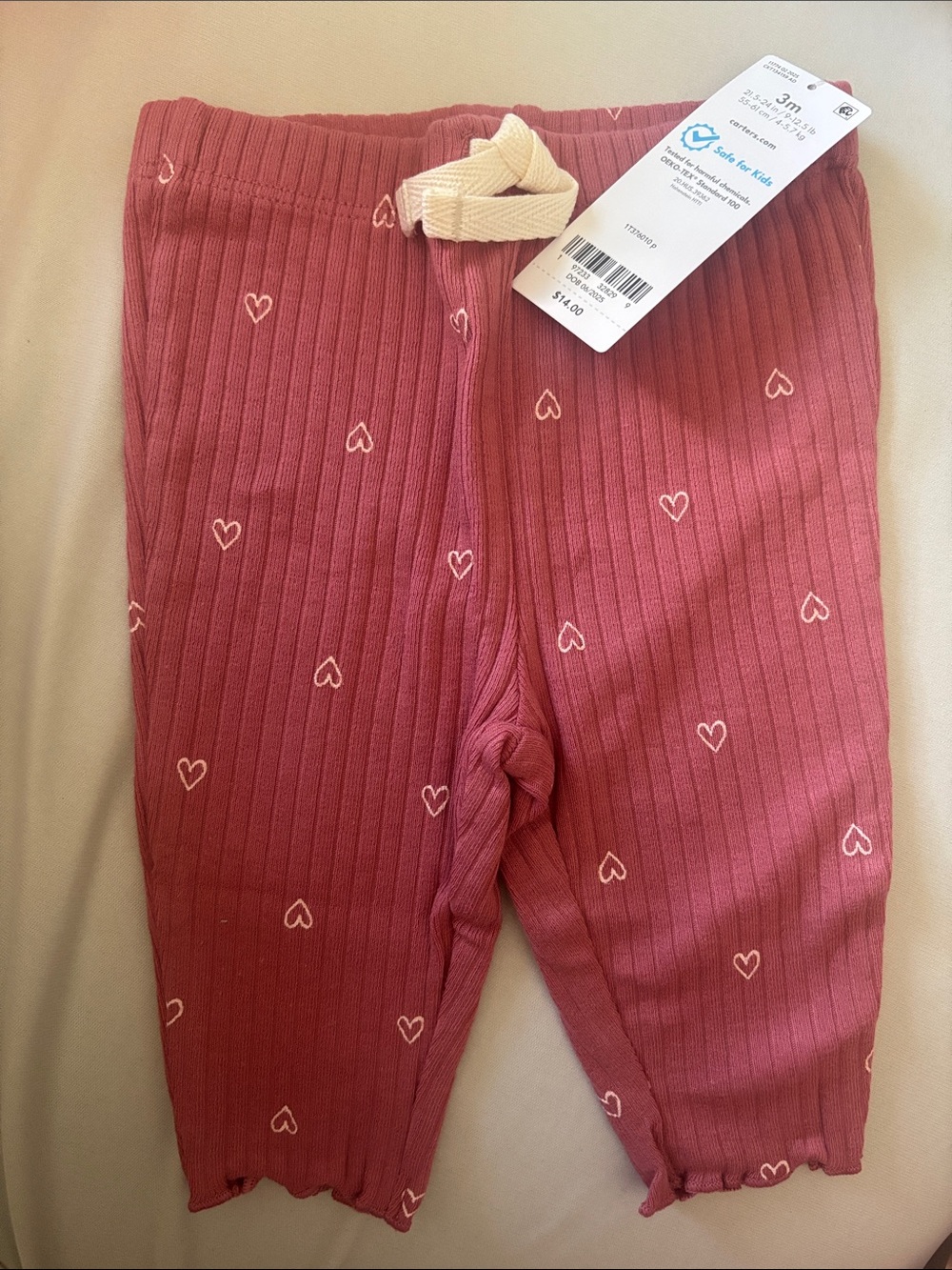 Carter's Ribbed Heart Print Pajama Pants - Dusty Rose with Cream Drawstring